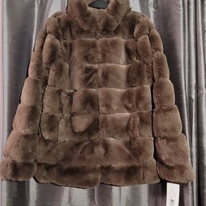 Via Spiga Reversible, Grooved, Faux Fur Coat - Taupe, Sz Large